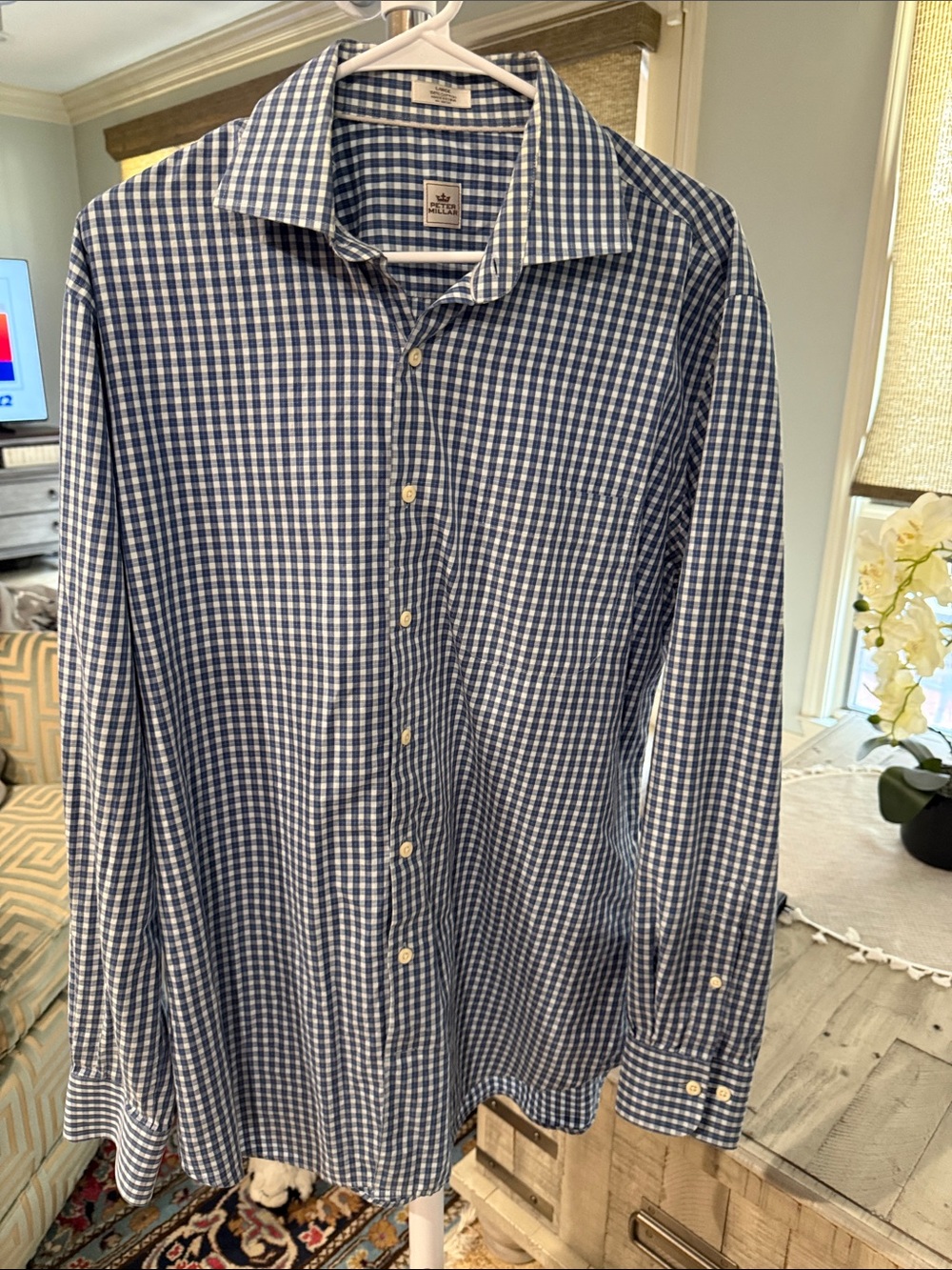 Peter Millar Blue and White Gingham Button-Down Shirt